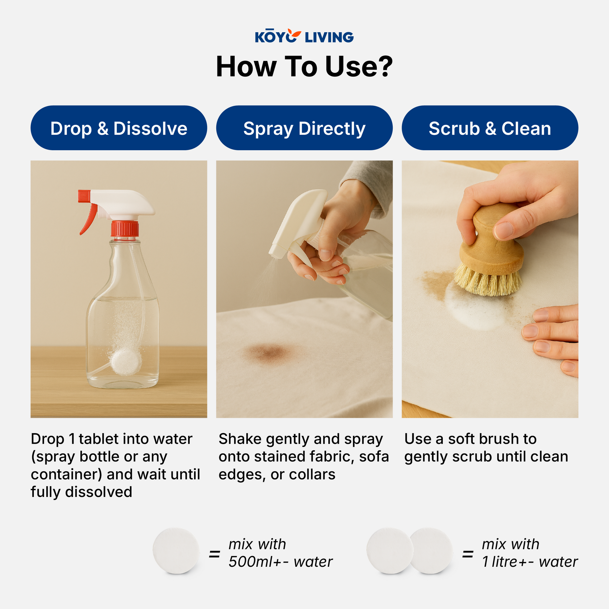 Koyo Living Brighter Bubble Cleaner shown with benefits including stain removal, odor control, and fabric care. stain remover Malaysia, baby safe stain remover Malaysia, gentle stain remover MY. eco stain remover Singapore, natural stain remover Singapore