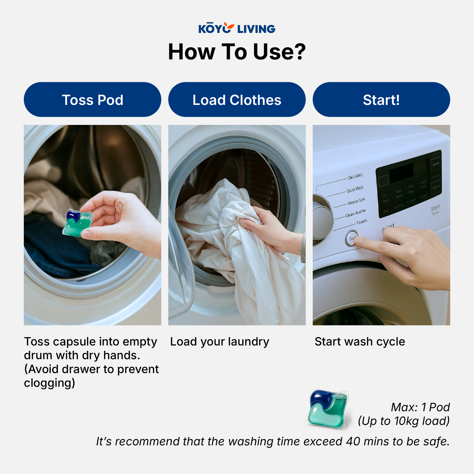 Koyo Living Laundry Detergent Pod shown with benefits including stain removal, odor control, and fabric care. detergent capsules Malaysia, baby safe laundry detergent Malaysia, gentle laundry pods MY. eco laundry pods Singapore, baby detergent Singapore, natural stain remover Singapore